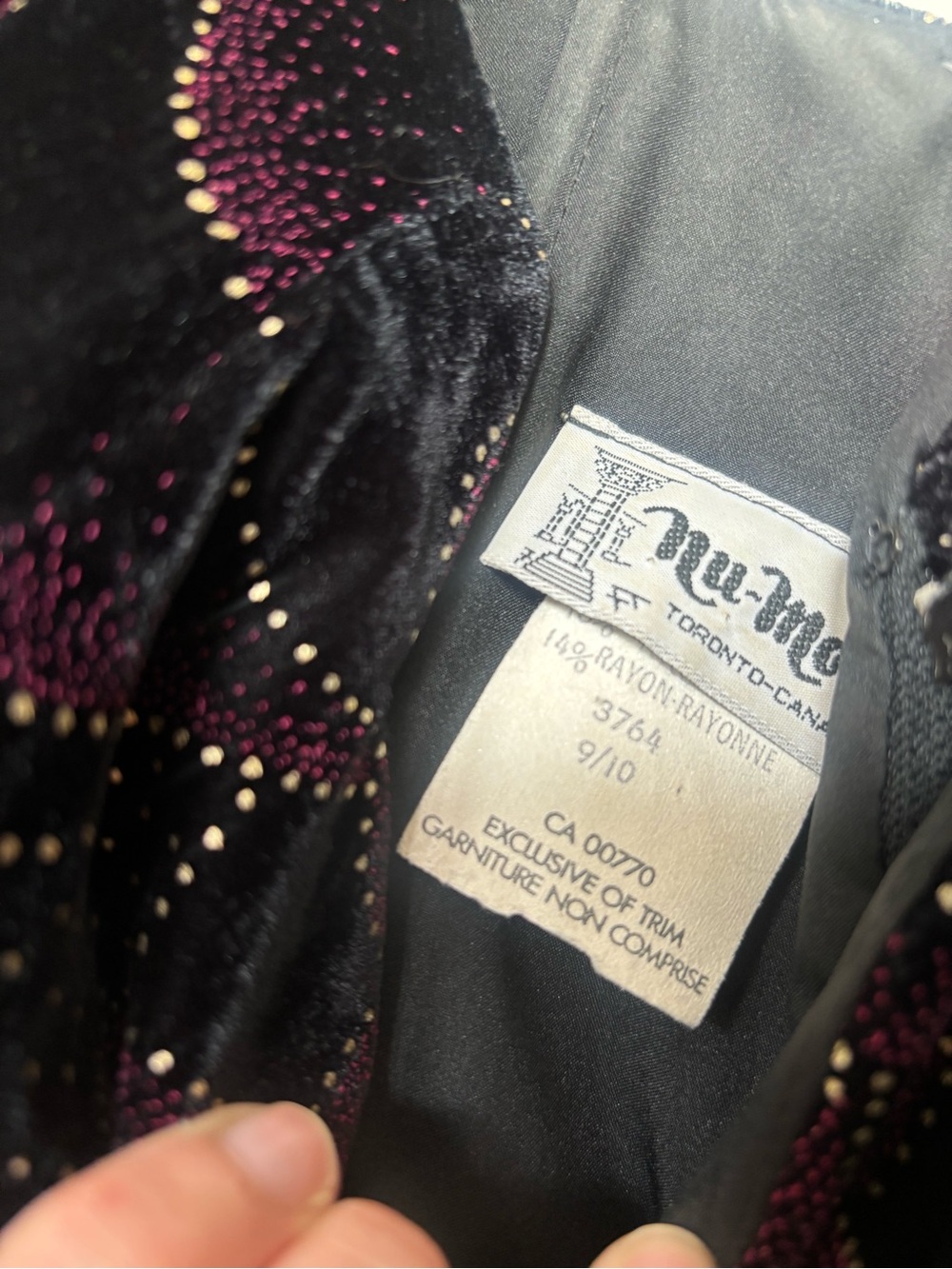Vintage Nu-Mode Black & Purple Velvet Rhinestone Dress — Size 9/10